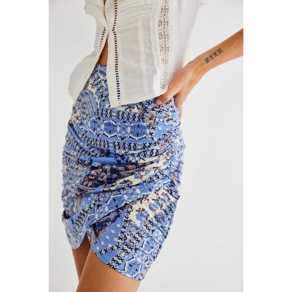 NWT Free People She's Something Else Printed Mini Skirt / True Blue Combo